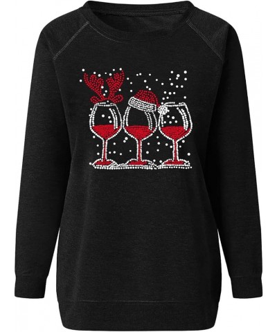 Christmas Sweatshirts for Women 2022 Fashion Red Wine Glass Print Long Sleeve Pullover Xmas Casual Crew Neck Tops A 01 Black ...