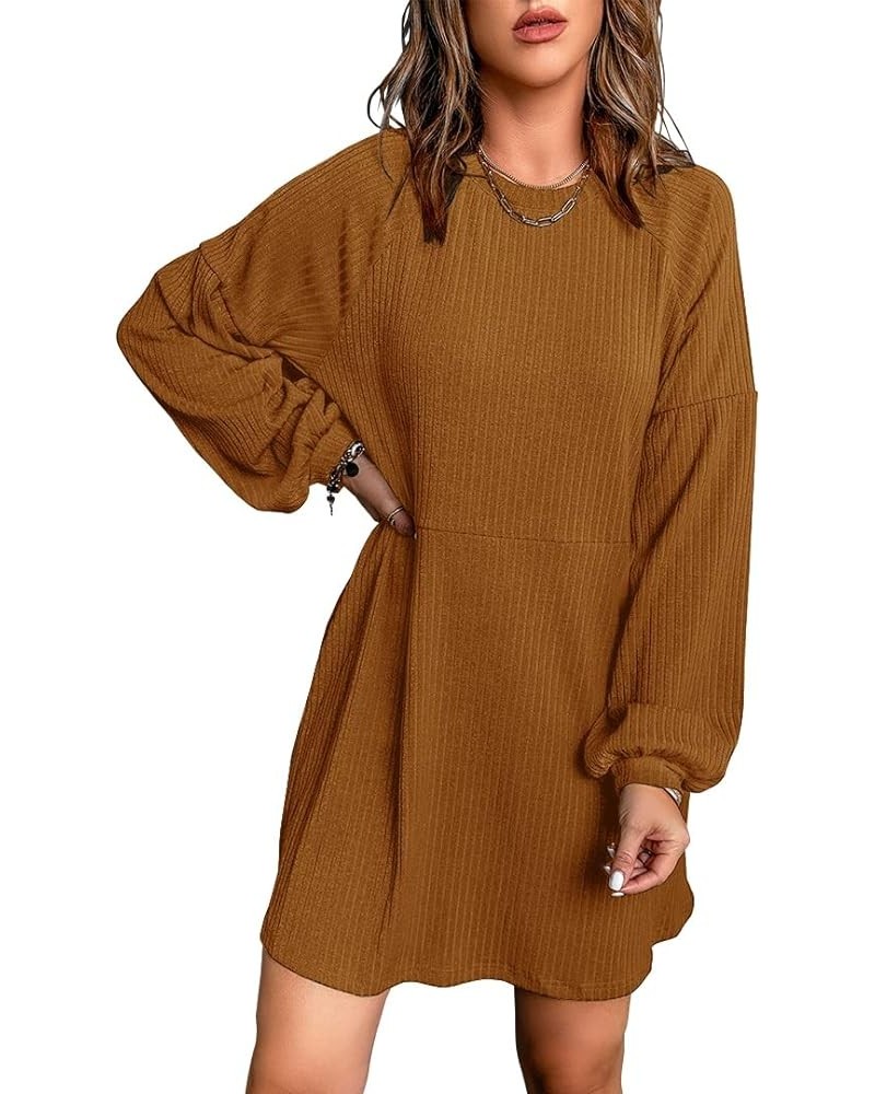 Womens Sweater Dress Casual Crew Neck Long Sleeve Knitted Pullover Dress with Pockets Brown $14.70 Dresses