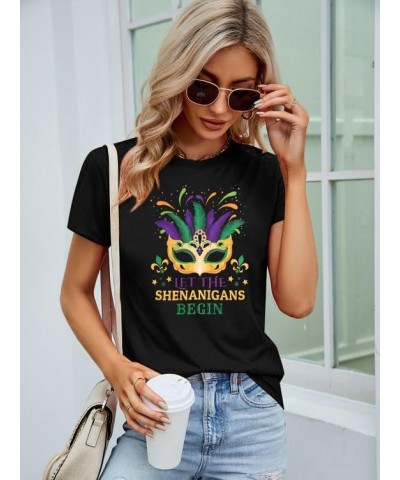 Funny Mardi Gras T-Shirt for Women Let The Shenanigans Begin Shirt Mardi Gras Cruise 2024 Carnival Themed Tee Top Black $10.8...