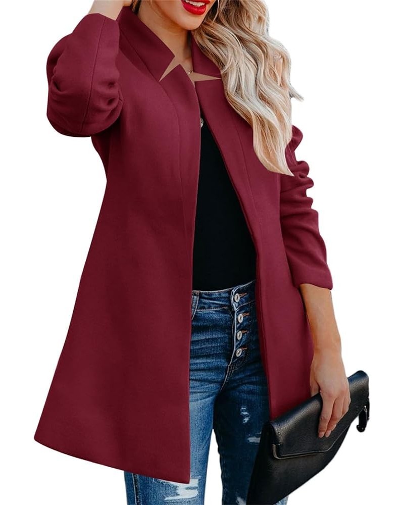 Wool Coat for Women Winter Long Blazer Jacket Thicked Warm Lapel Pea Coat Long Sleeve Elegant Button Trench Jacket C-wine Red...