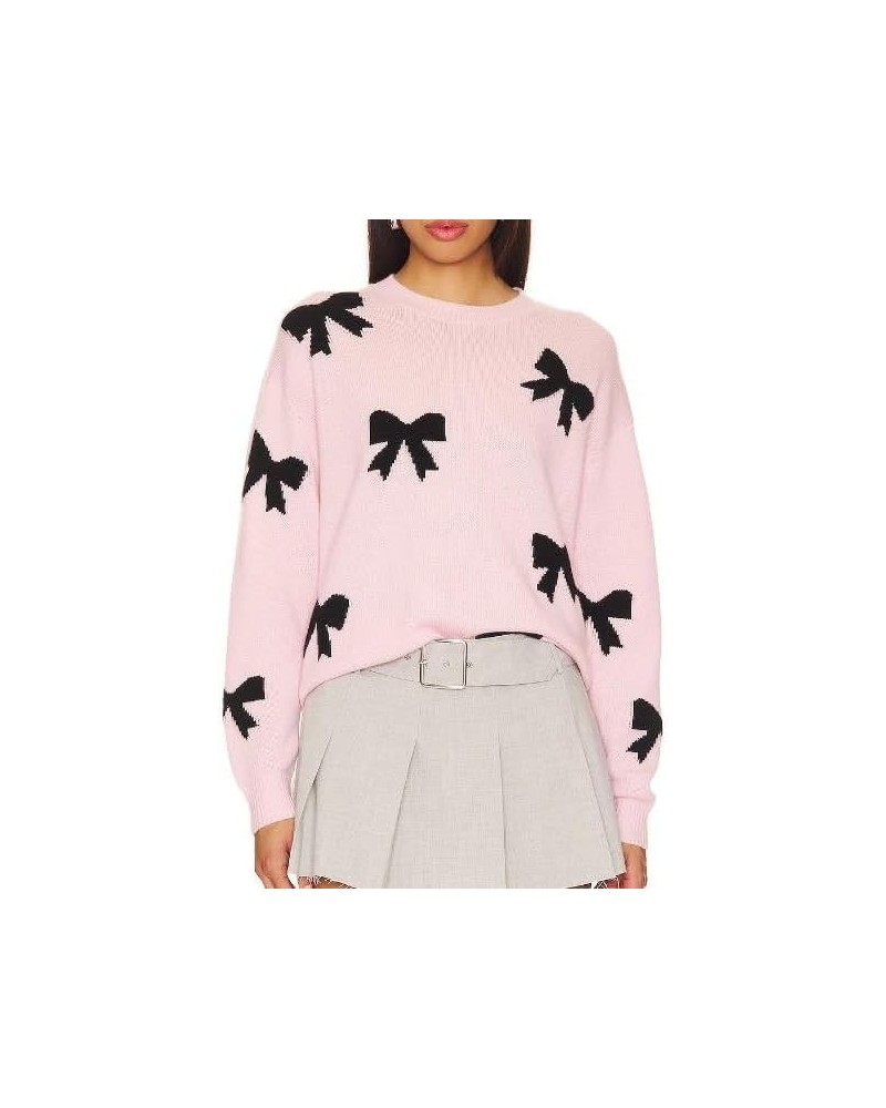 Women Pink Bow Knot Print Sweater Long Sleeve Ribbed Knit Pullover Top Crewneck Cute Knitwear Jumper Valentine’s Outfits Pink...