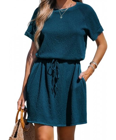 Women's Drawstring Waist Mini Dress Short Sleeves Round Neck Navy Blue $22.37 Dresses