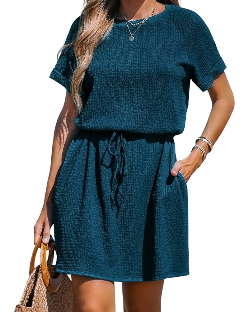 Women's Drawstring Waist Mini Dress Short Sleeves Round Neck Navy Blue $22.37 Dresses