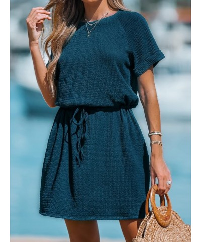 Women's Drawstring Waist Mini Dress Short Sleeves Round Neck Navy Blue $22.37 Dresses