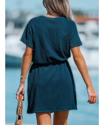 Women's Drawstring Waist Mini Dress Short Sleeves Round Neck Navy Blue $22.37 Dresses