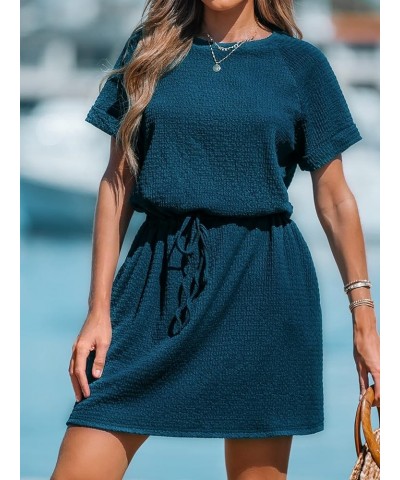 Women's Drawstring Waist Mini Dress Short Sleeves Round Neck Navy Blue $22.37 Dresses