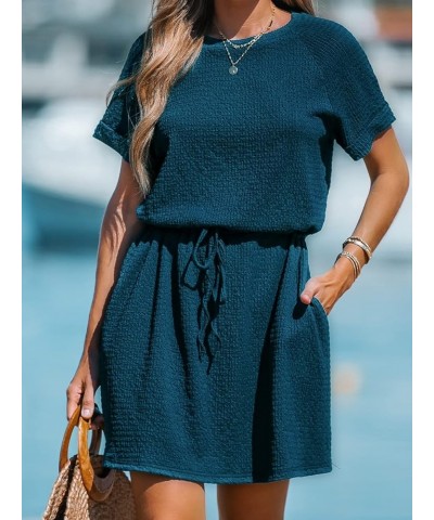 Women's Drawstring Waist Mini Dress Short Sleeves Round Neck Navy Blue $22.37 Dresses