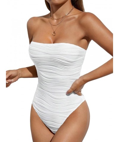 Women's Petite Solid Textured Tube Top Strapless Bandeau Bodysuit Leotard Tops White $16.19 Bodysuits