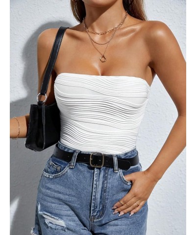 Women's Petite Solid Textured Tube Top Strapless Bandeau Bodysuit Leotard Tops White $16.19 Bodysuits