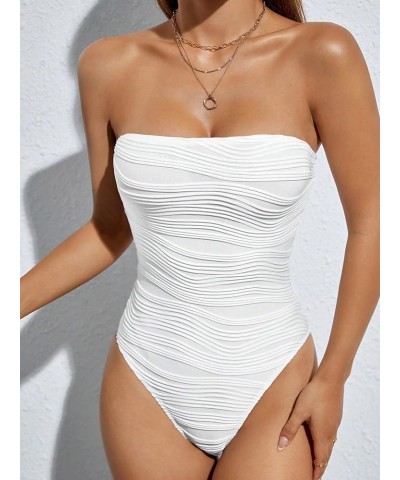 Women's Petite Solid Textured Tube Top Strapless Bandeau Bodysuit Leotard Tops White $16.19 Bodysuits