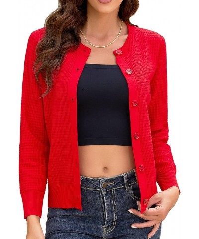 Women's Crew Neck Button Down Long Sleeve Solid Knit Classic Cardigan Sweater Red $18.69 Sweaters