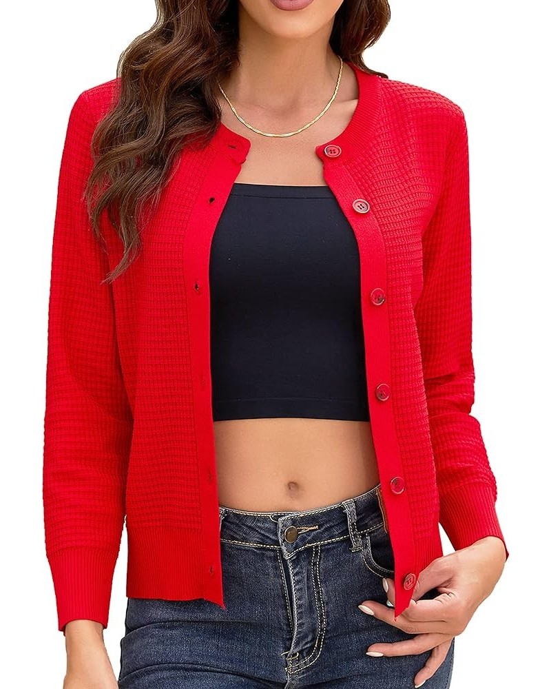 Women's Crew Neck Button Down Long Sleeve Solid Knit Classic Cardigan Sweater Red $18.69 Sweaters