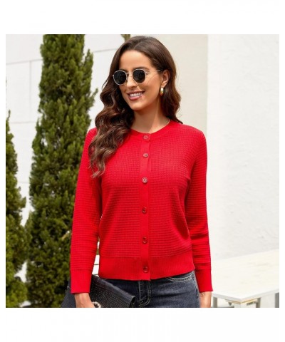 Women's Crew Neck Button Down Long Sleeve Solid Knit Classic Cardigan Sweater Red $18.69 Sweaters