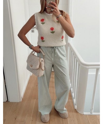 Women Y2k Stripes Lounge Pants Elastic Waist Straight Leg Trousers Casual Loose Fit Bottoms Going Out Pants I-green Thirteen ...