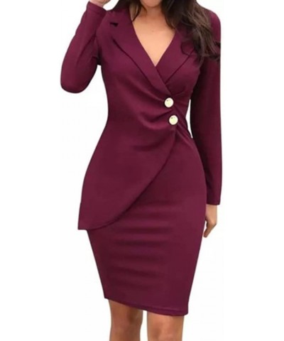 Women's Long Sleeve V Neck Work Dresses Office Business Knee Length Pencil Bodycon Dress Cocktail Party 03-burgundy $18.69 Dr...