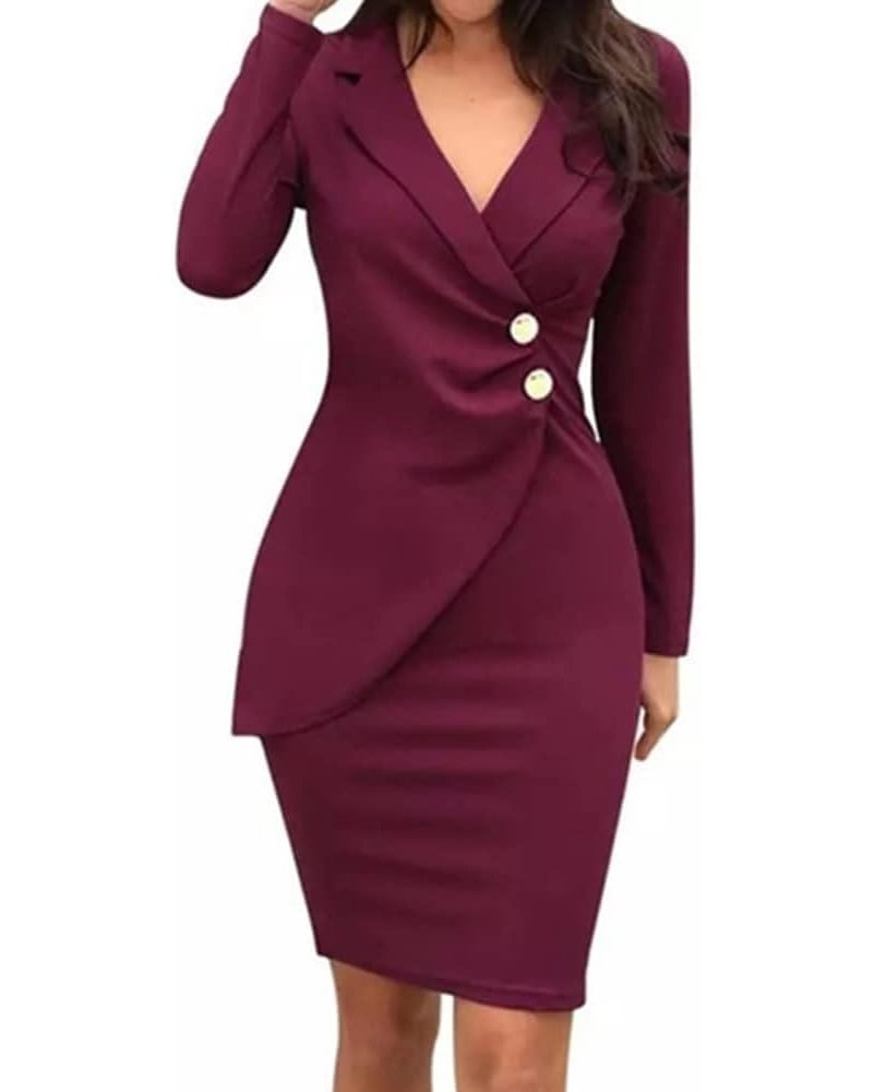 Women's Long Sleeve V Neck Work Dresses Office Business Knee Length Pencil Bodycon Dress Cocktail Party 03-burgundy $18.69 Dr...