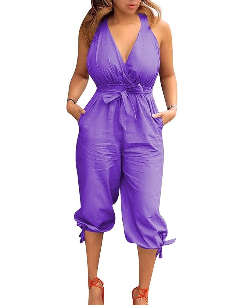 Sexyshine Women's Halter Lace Up Backless Criss Cross Casual V Neck Long Jumpsuit Rompers Overalls Purple-20180 $13.67 Overalls