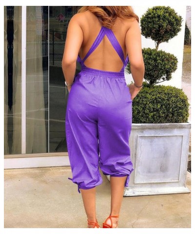 Sexyshine Women's Halter Lace Up Backless Criss Cross Casual V Neck Long Jumpsuit Rompers Overalls Purple-20180 $13.67 Overalls