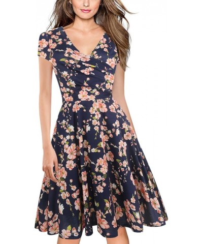 Women's Casual Dresses Criss-Cross V-Neck Floral Flare Midi Summer Dress OX233 Navy Blue Floral $19.23 Dresses