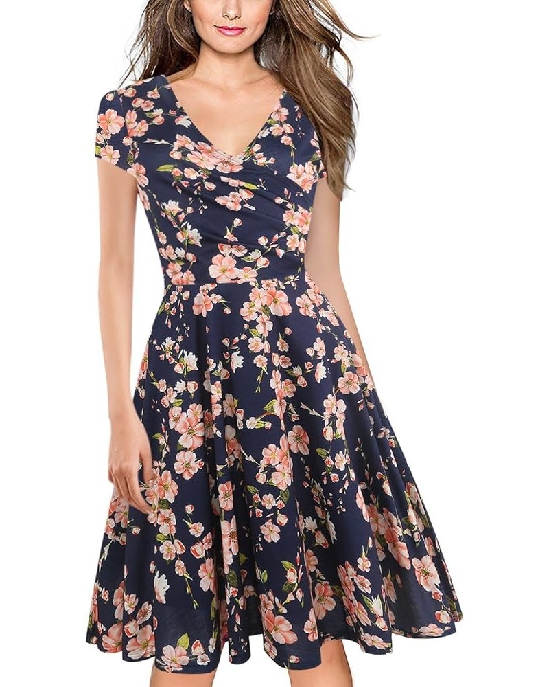 Women's Casual Dresses Criss-Cross V-Neck Floral Flare Midi Summer Dress OX233 Navy Blue Floral $19.23 Dresses