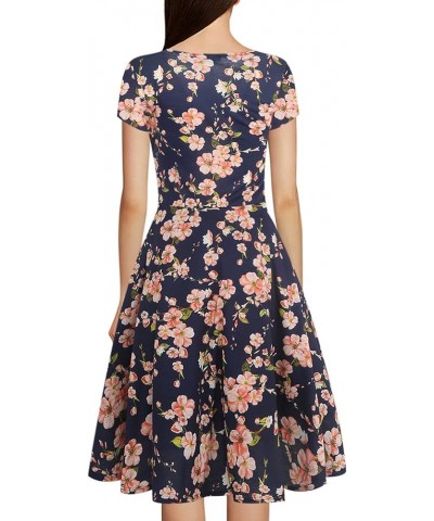 Women's Casual Dresses Criss-Cross V-Neck Floral Flare Midi Summer Dress OX233 Navy Blue Floral $19.23 Dresses