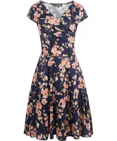 Women's Casual Dresses Criss-Cross V-Neck Floral Flare Midi Summer Dress OX233 Navy Blue Floral $19.23 Dresses