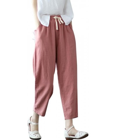 Summer Linen Cotton Casual Crop Pants with Drawstring Elastic Waist Pockets for Women Teen Girl Pink $12.82 Pants