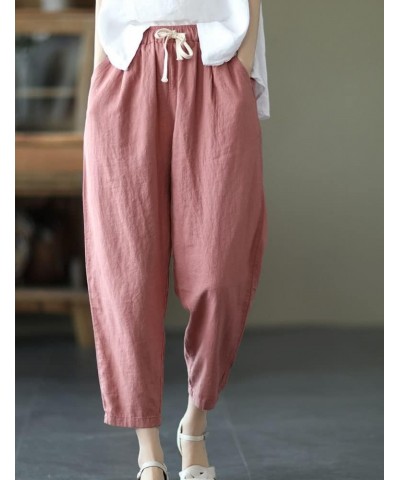 Summer Linen Cotton Casual Crop Pants with Drawstring Elastic Waist Pockets for Women Teen Girl Pink $12.82 Pants