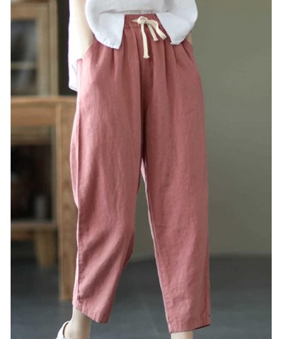 Summer Linen Cotton Casual Crop Pants with Drawstring Elastic Waist Pockets for Women Teen Girl Pink $12.82 Pants