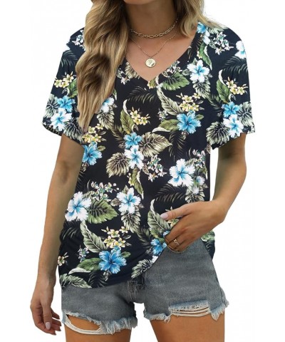 Women's Short Sleeve V Neck Pleated T Shirts Summer Loose Fit Basic Tunic with Side Shirring Casual Top Tees B-blckc Floral $...