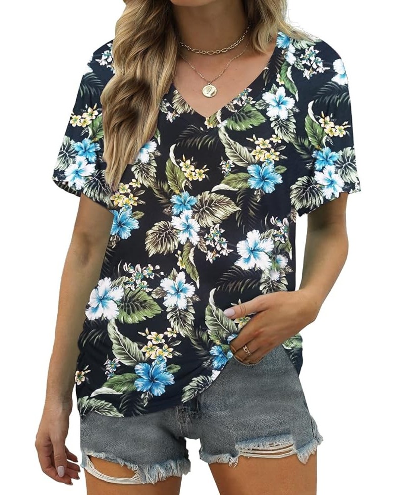 Women's Short Sleeve V Neck Pleated T Shirts Summer Loose Fit Basic Tunic with Side Shirring Casual Top Tees B-blckc Floral $...