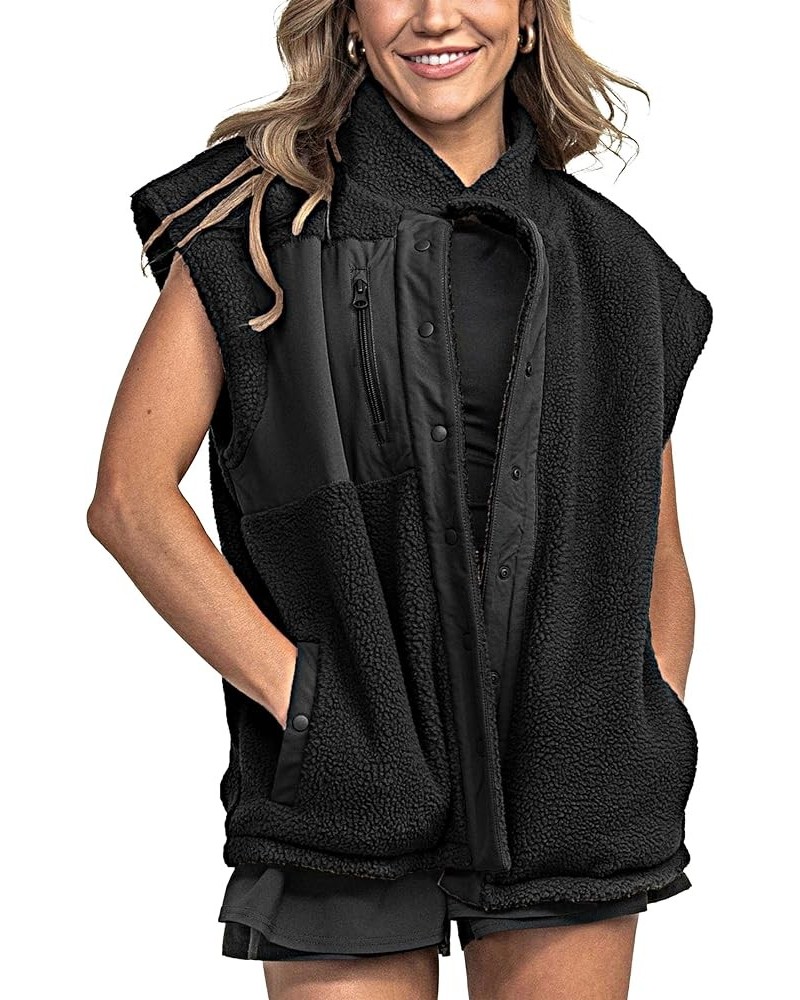 Women Fuzzy Vest Fleece Sherpa Jackets Sleeveless Button Down Outwear with Pockets Black $27.83 Vests