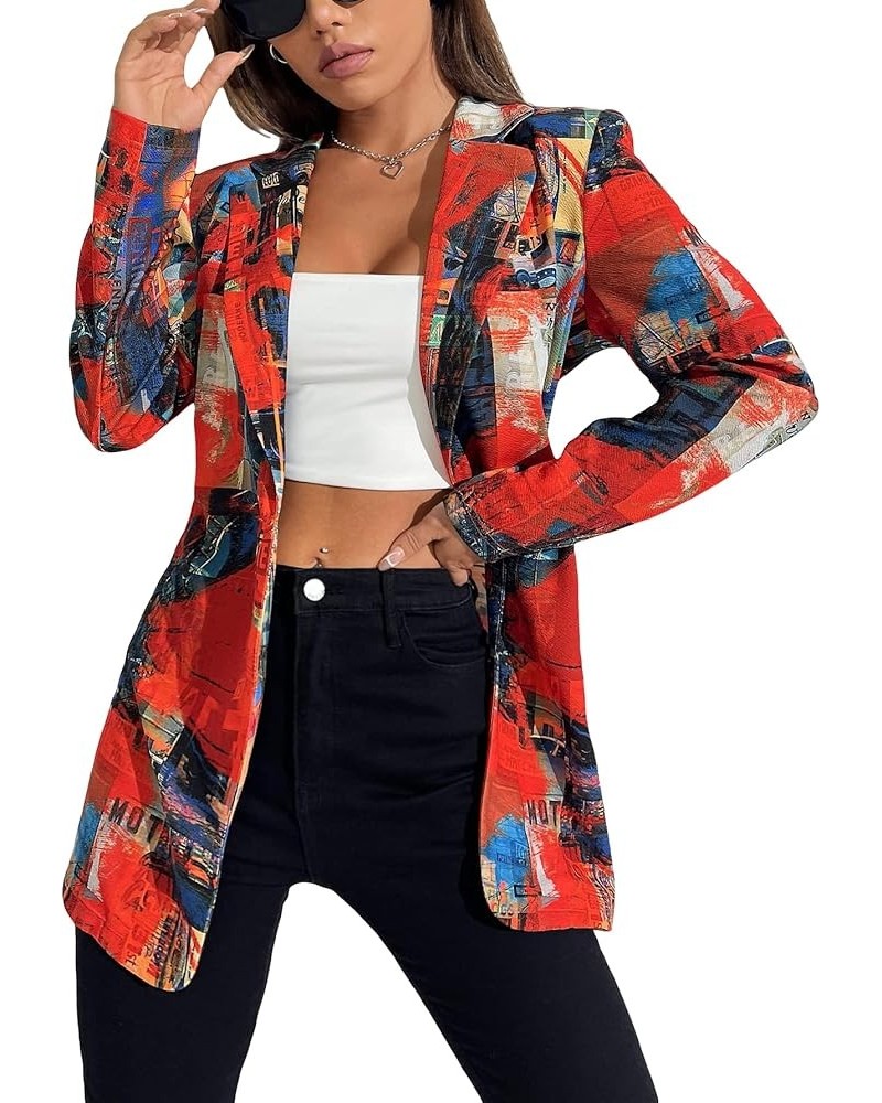 Women's Letter Graphic Print Button Front Blazer Long Sleeve Casual Jacket Multicolor $19.94 Blazers