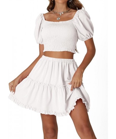 Women's Two Pieces Outfits Frill Smock Square Neck Top and Skirts Suit Sets White $23.99 Suits