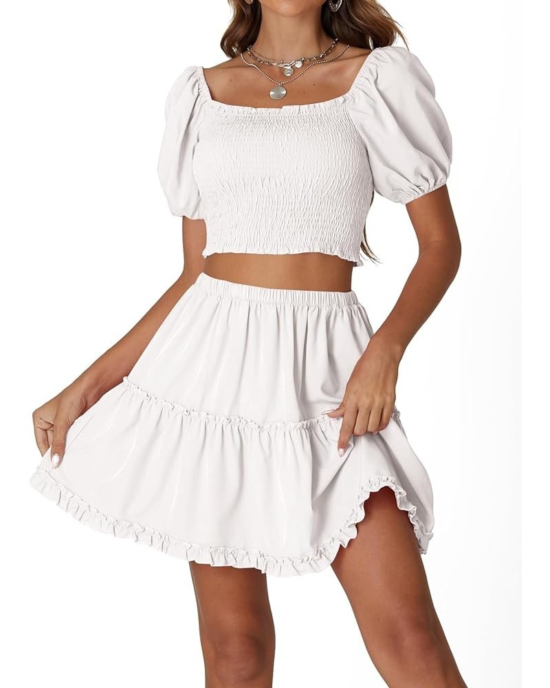 Women's Two Pieces Outfits Frill Smock Square Neck Top and Skirts Suit Sets White $23.99 Suits