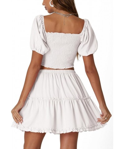 Women's Two Pieces Outfits Frill Smock Square Neck Top and Skirts Suit Sets White $23.99 Suits