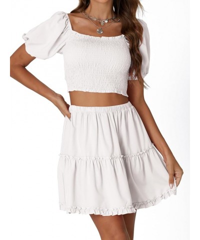 Women's Two Pieces Outfits Frill Smock Square Neck Top and Skirts Suit Sets White $23.99 Suits