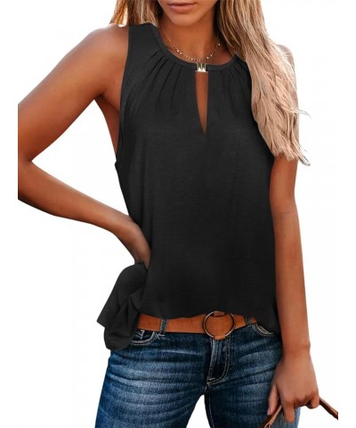 Womens Crewneck Keyhole Tank Tops Sexy Summer Sleeveless Tops Casual Loose Fit Shirts 2024 B Black No Seam Front $14.74 Tanks