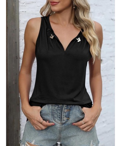 Womens Crewneck Keyhole Tank Tops Sexy Summer Sleeveless Tops Casual Loose Fit Shirts 2024 B Black No Seam Front $14.74 Tanks