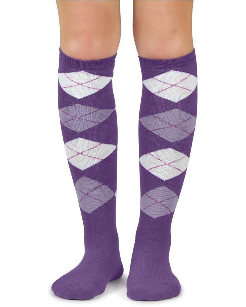 Elite Quality Colorful Soft Cotton Womens Argyle Knee High Socks Light Purple/White/Lavender $8.85 Socks