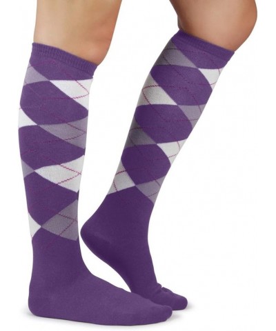 Elite Quality Colorful Soft Cotton Womens Argyle Knee High Socks Light Purple/White/Lavender $8.85 Socks