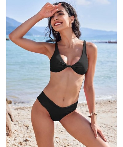 Womens Bikini Sets High Waisted V Neck Bathing Suit Knot Front Push Up High Leg Thong Two Piece Swimsuits Black $13.64 Swimsuits