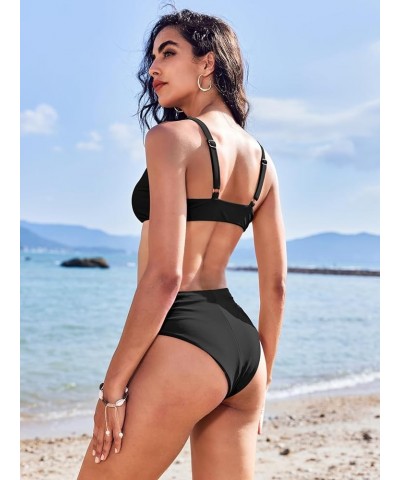 Womens Bikini Sets High Waisted V Neck Bathing Suit Knot Front Push Up High Leg Thong Two Piece Swimsuits Black $13.64 Swimsuits