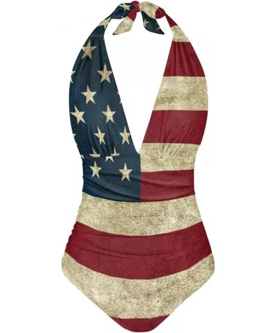 Womens Tummy Control Bathing Suit Sexy One Piece Swimsuits Slimming Halter Ruched Swimwear American Flag $17.97 Swimsuits