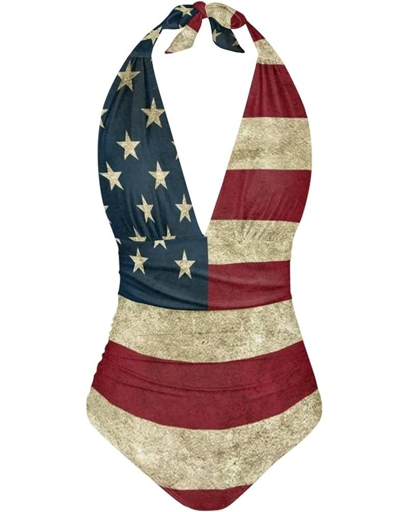 Womens Tummy Control Bathing Suit Sexy One Piece Swimsuits Slimming Halter Ruched Swimwear American Flag $17.97 Swimsuits