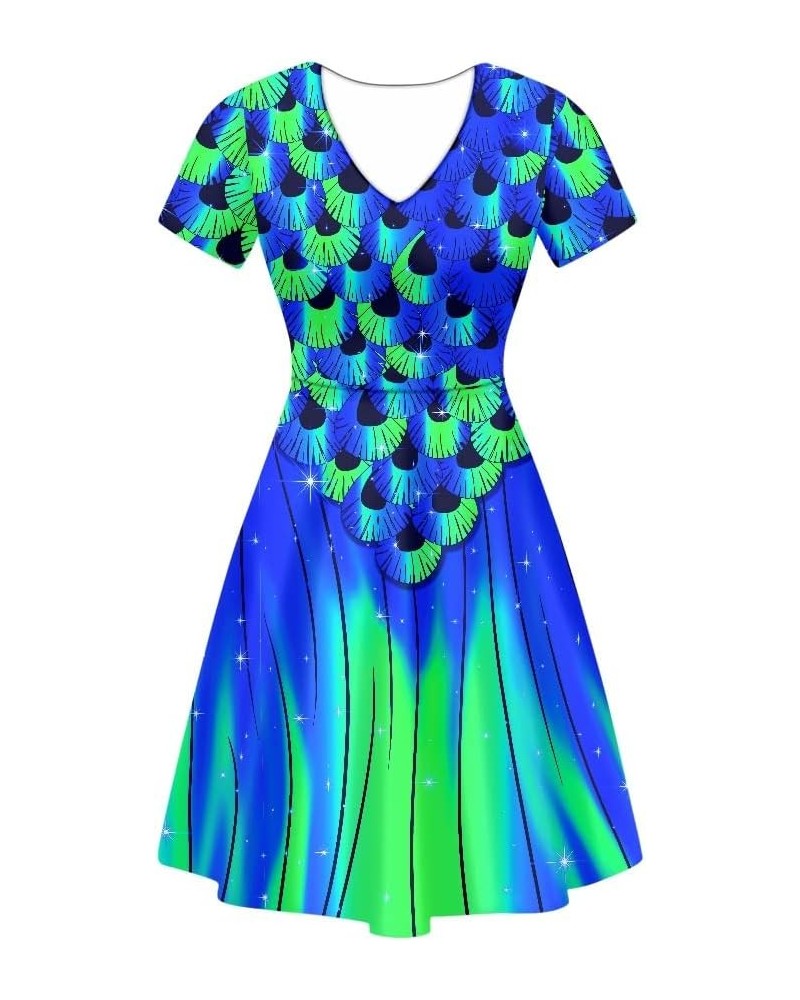 Women Casual Dress Mermaid Fish Scales 3D Print V-Neck Short Sleeves A-Line Swing Midi Dresses Dark Blue $15.65 Dresses