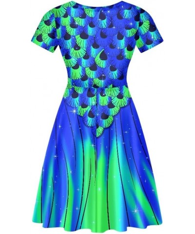 Women Casual Dress Mermaid Fish Scales 3D Print V-Neck Short Sleeves A-Line Swing Midi Dresses Dark Blue $15.65 Dresses