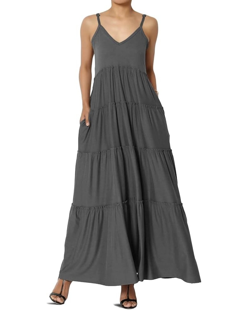 Women's Casual Summer Ruffle Tiered V-Neck Cami Long Maxi Dress w Pocket Vacation Sundress Ash Grey Brushed Dty $20.13 Dresses