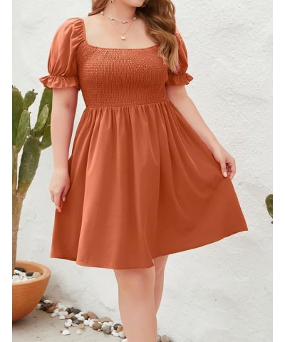 Plus Size Summer Dresses for Women Casual Puff Sleeve Square Neck A Line Smocked Tiered Dress Orange $17.20 Dresses