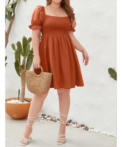 Plus Size Summer Dresses for Women Casual Puff Sleeve Square Neck A Line Smocked Tiered Dress Orange $17.20 Dresses